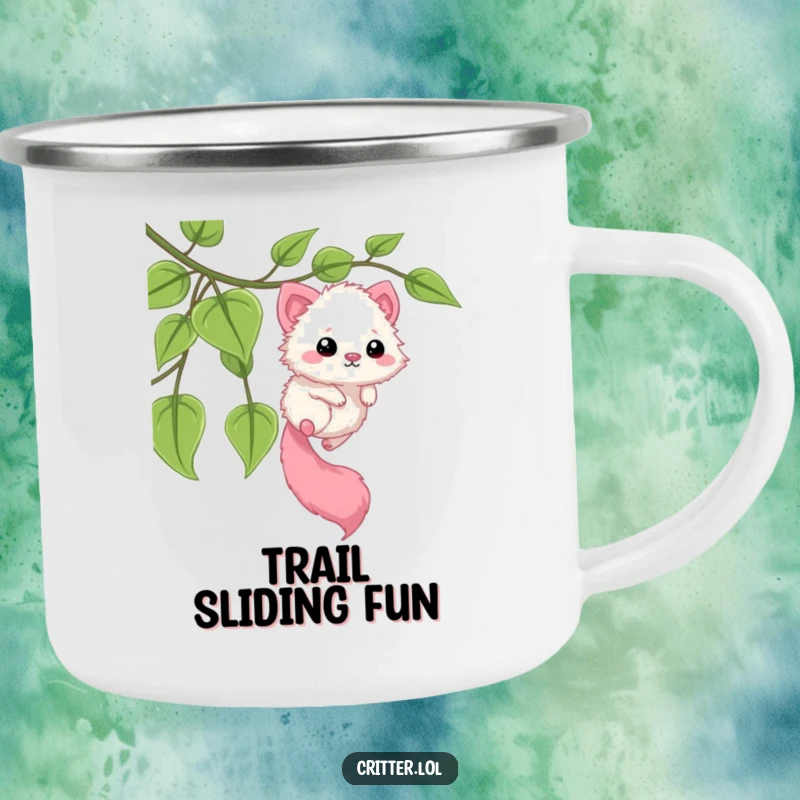 Funny camping mug showing a fuzzy critter with a long tail sliding down a leafy vine. A durable and humorous mug for exploring.