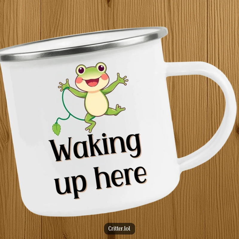 Funny frog camping mug showing a joyful character jumping rope with a vine, built for outdoor fun and smiles.