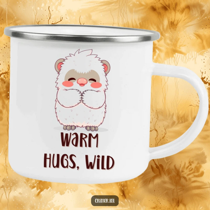 Funny camping mug featuring a miniature yeti character giving a big, warm, fuzzy hug, designed for outdoor use and enjoyment.