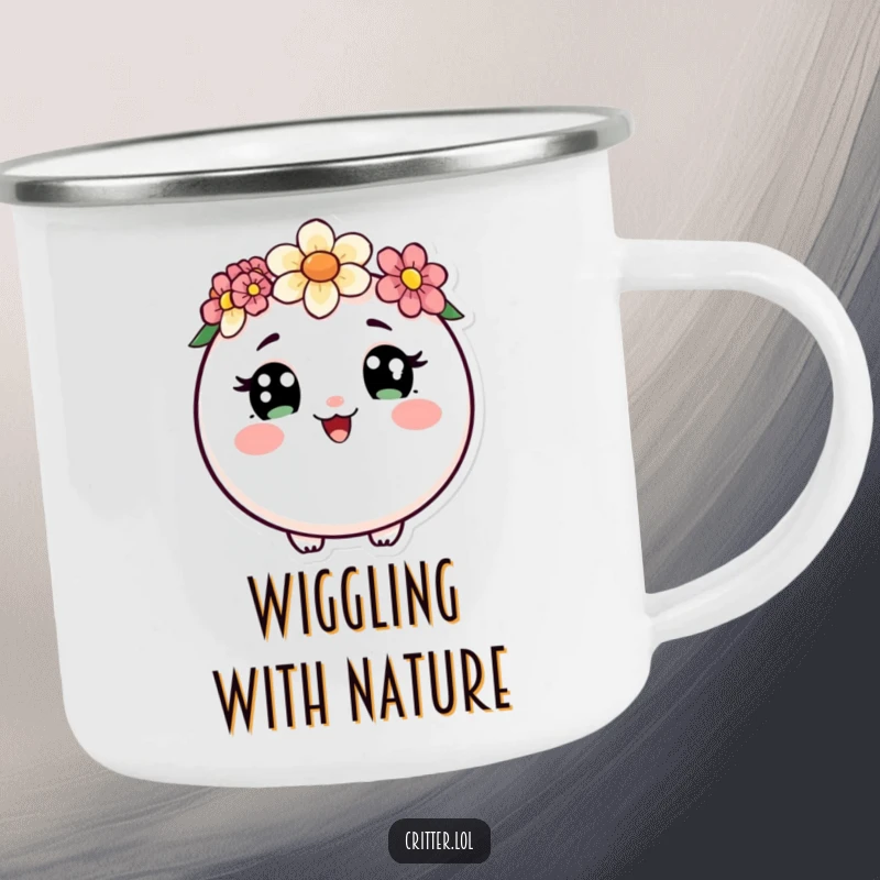 Funny camping mug showing a round critter with a flower crown and a happy wiggle, designed for outdoor adventures and spreading cheer.
