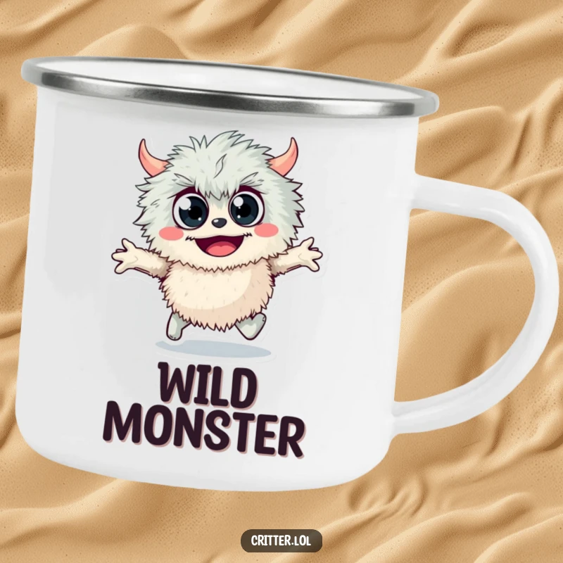 Funny fuzzy monster camping mug, showing a googly-eyed monster skipping joyfully, designed for outdoor fun and humorous sips.