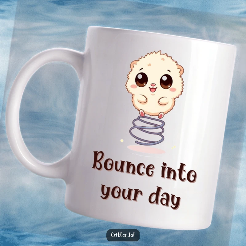 Funny mug depicting a small, fuzzy creature with large, expressive eyes happily bouncing up and down on a spring.