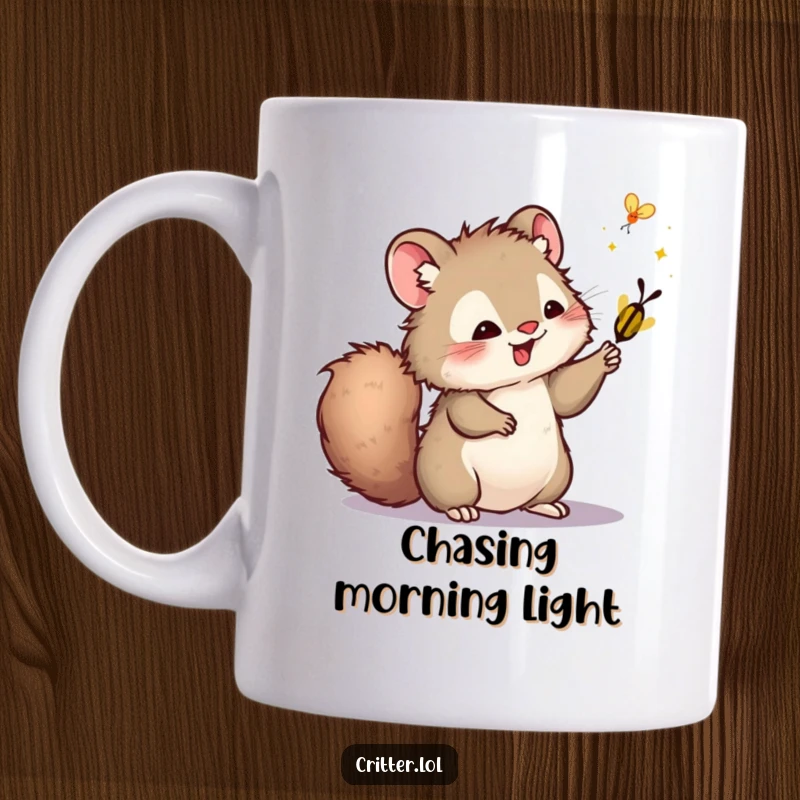 Funny mug featuring a furry critter with a bushy tail playfully swatting at a glowing firefly, capturing a moment of fun.