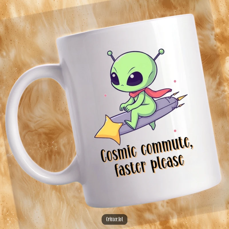 Funny mug showing a small, excited alien riding a bright shooting star across a starry night sky, full of wonder and speed.