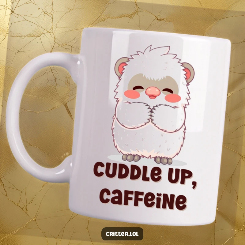 Funny mug featuring a tiny, adorable yeti character offering a big, warm, fuzzy hug with a joyful expression.