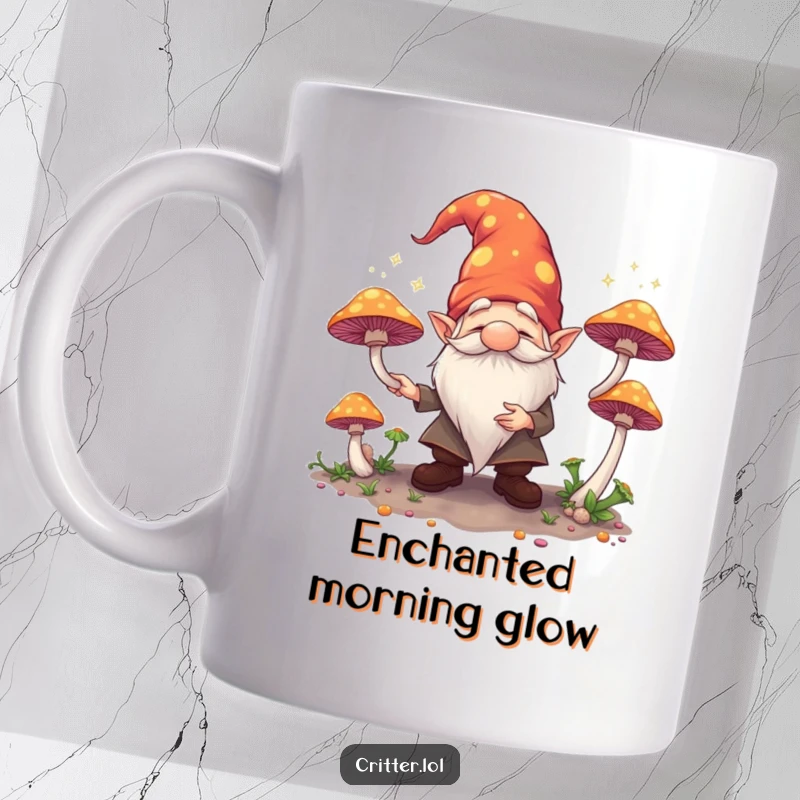 Funny mug featuring a cheerful gnome skillfully juggling brightly glowing mushrooms in a forest setting, full of playful magic.