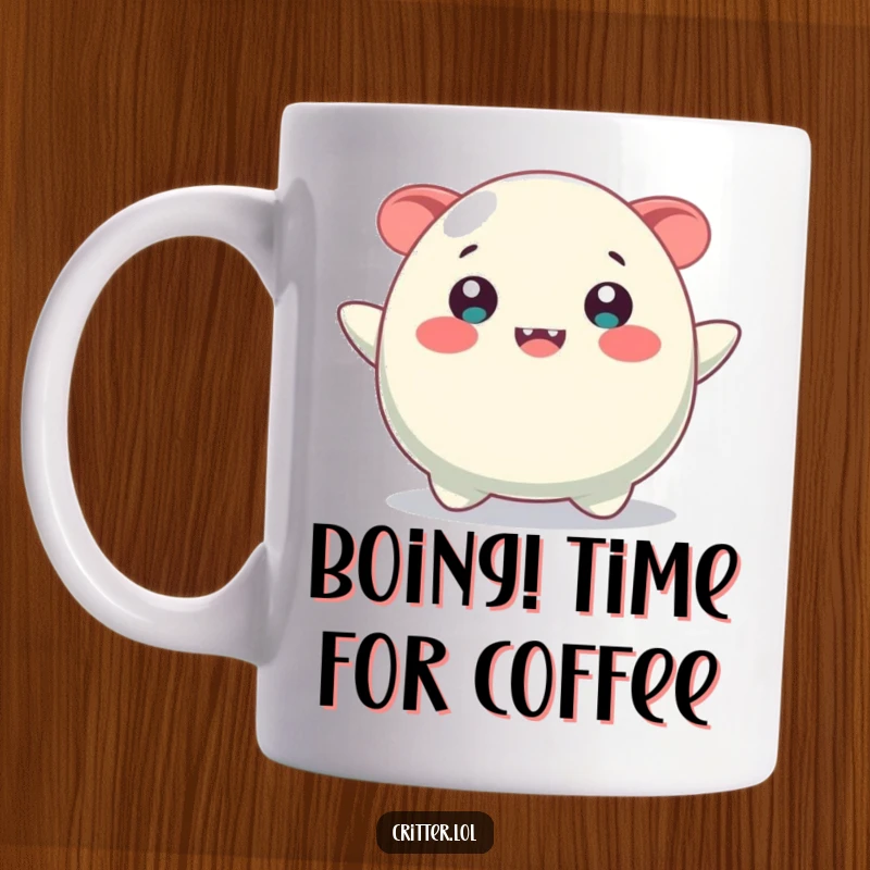 Funny mug depicting a bouncy, amorphous blob creature with an enormous, wide happy smile, radiating pure delight.