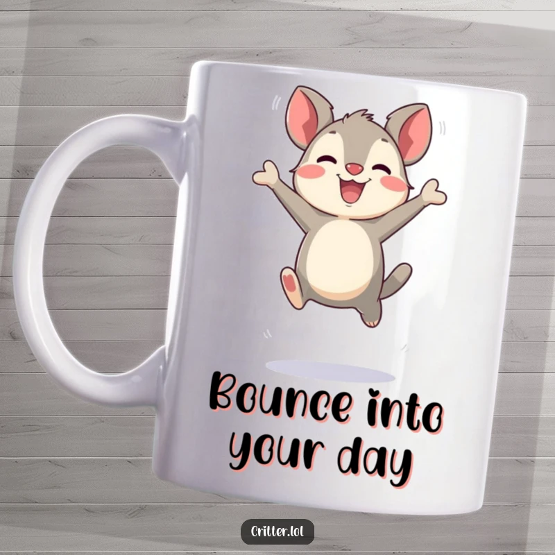 Funny bouncing critter character making exaggerated joyful leaps on a mug, embodying pure happiness and energy, a perfect funny gift.