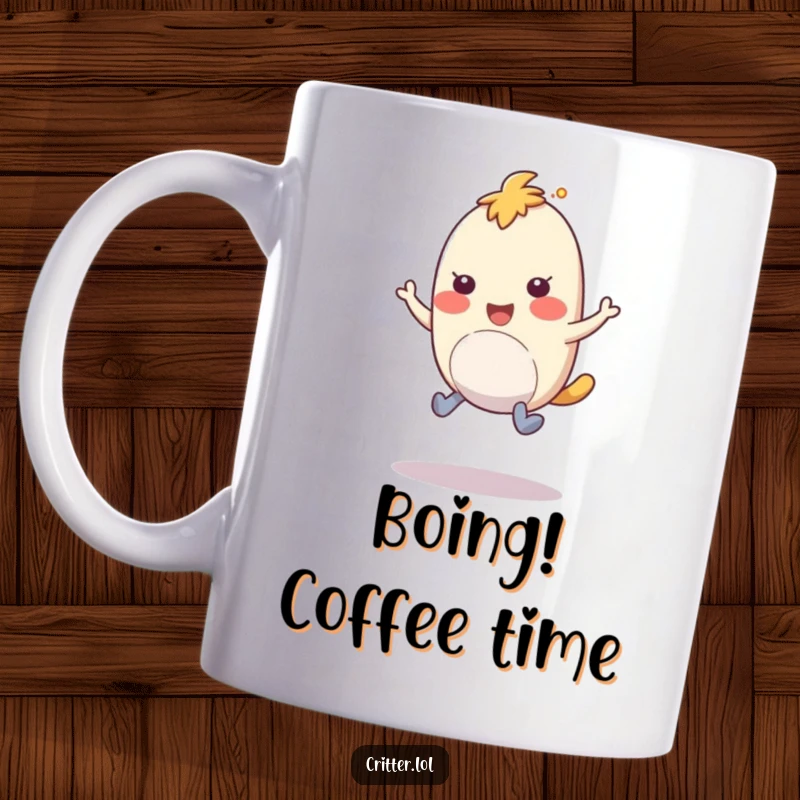 Funny bouncy creature with rubbery legs hopping with amusement, a perfect funny gift mug.