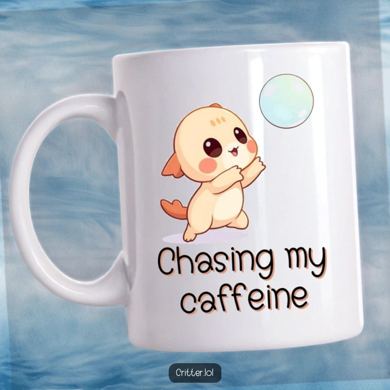 Funny mug featuring a playful creature character reaching out to catch a delicate, floating bubble with delight.