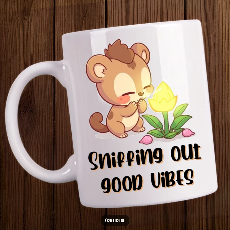 Funny curious creature character intently sniffing a mysterious glowing plant, depicted on a mug, inviting exploration and humor, a perfect gift.