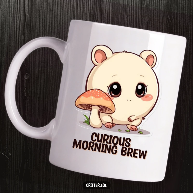 Funny mug featuring a round critter with large curious eyes sniffing a mushroom, evoking a sense of wonder and discovery.