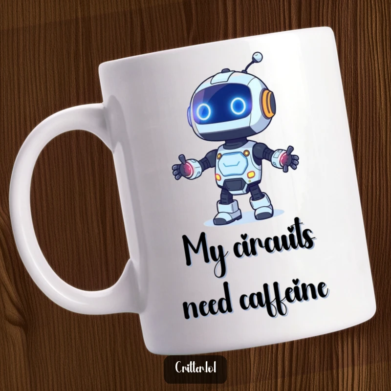 Funny mug showing a curious robot with colorful blinking lights joyfully dancing, full of robotic energy.