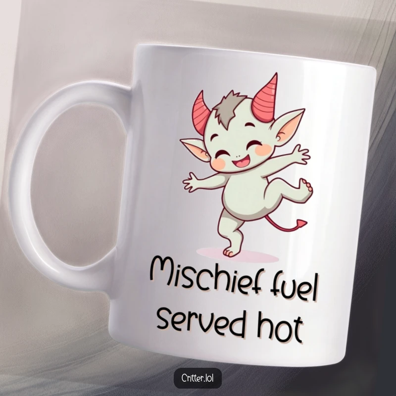 Funny mug featuring a cute imp with devil horns performing a cartwheel, full of impish energy and fun.