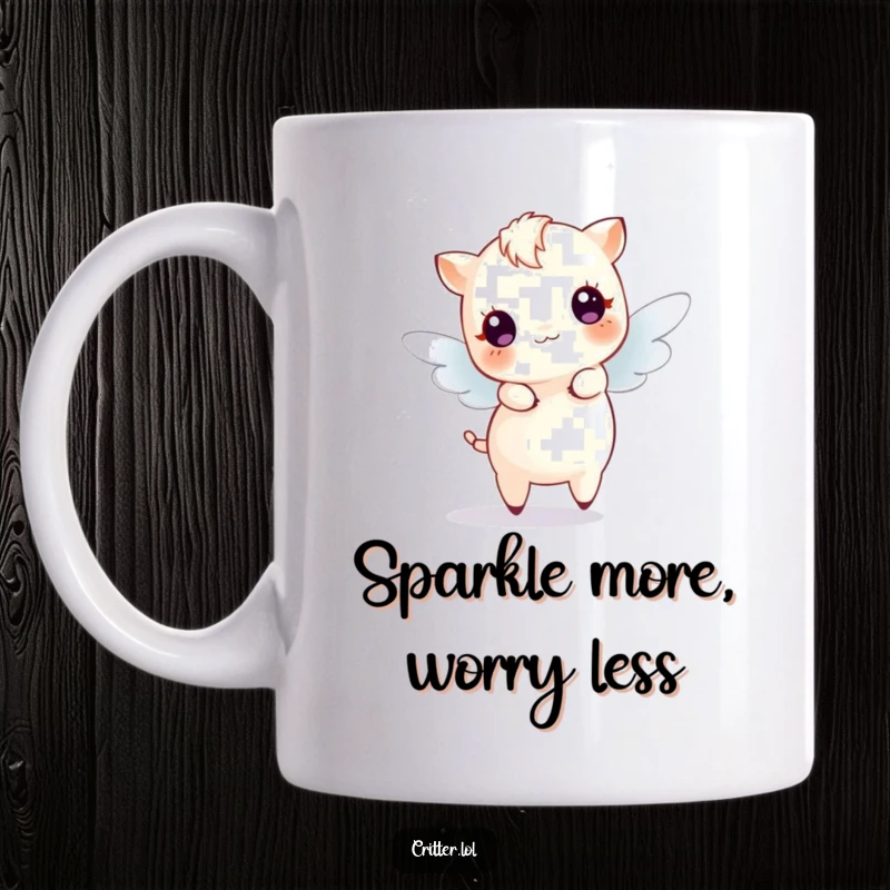 Funny Mug showcasing a tiny winged creature with sparkles dancing joyfully, radiating pure, ethereal magic and whimsy.