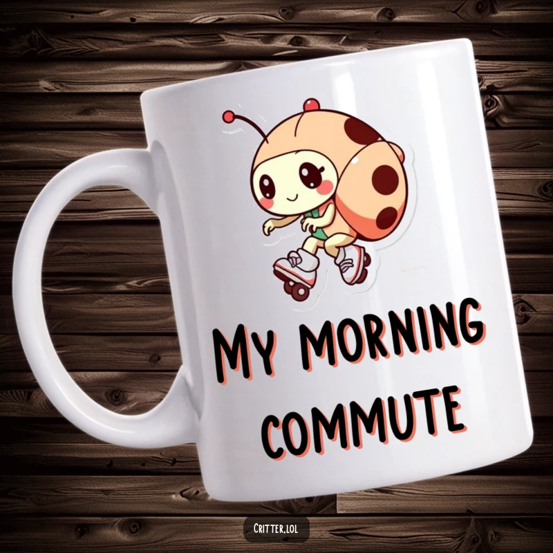 Funny mug featuring a playful ladybug character zooming on tiny roller skates with a joyful, energetic expression.
