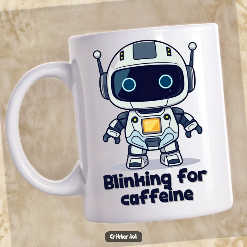 Funny mug featuring a cute, small robot character with a noticeable blinking light, symbolizing active thought and charm.