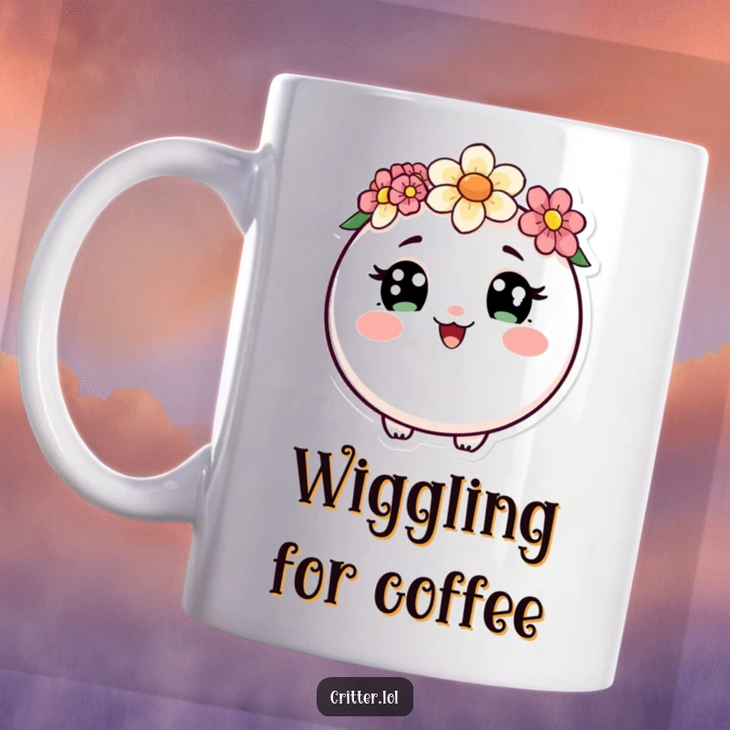 Funny mug showing a round critter with big curious eyes, wearing a flower crown and doing a delightful happy wiggle.