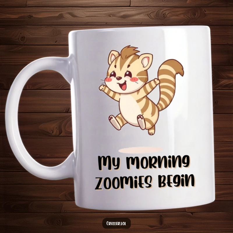Funny striped creature with a bushy tail leaping joyfully mid-air, perfect for a funny gift mug.