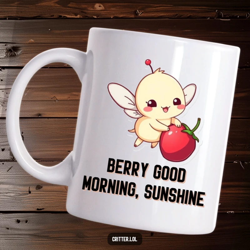 Funny mug featuring a whimsical winged critter joyfully fluttering around a ripe berry, radiating happiness and charm.