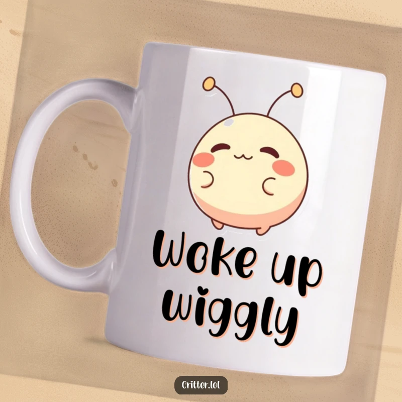Funny mug depicting a small, round creature with antennae wiggling excitedly. A charming and humorous accessory for your desk.