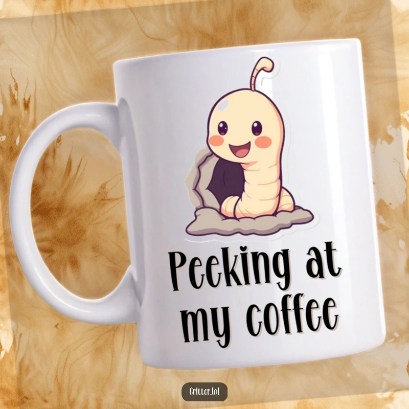 Funny mug featuring a smiling worm character peeking its head out of a small, earthy hole with a friendly expression.