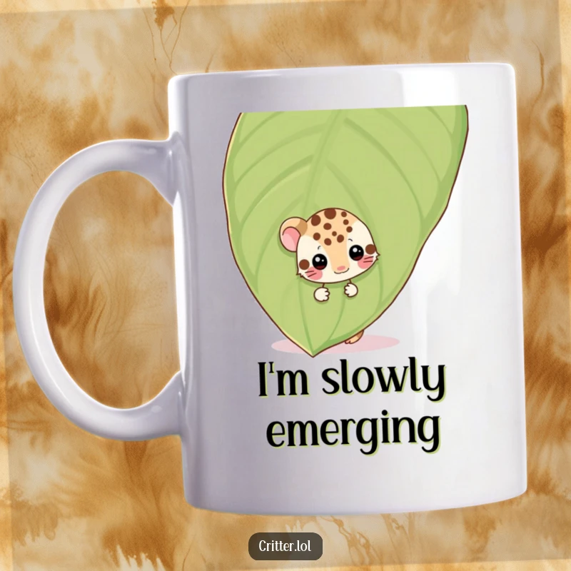 Funny shy spotted critter peeking from behind a large leaf, wiggling, on a mug, exuding cute and funny shyness.