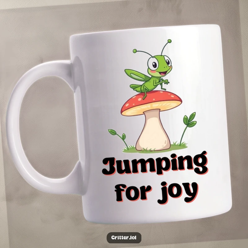 Funny mug featuring a giggling grasshopper character in mid-air, performing a high jump off a colorful mushroom.