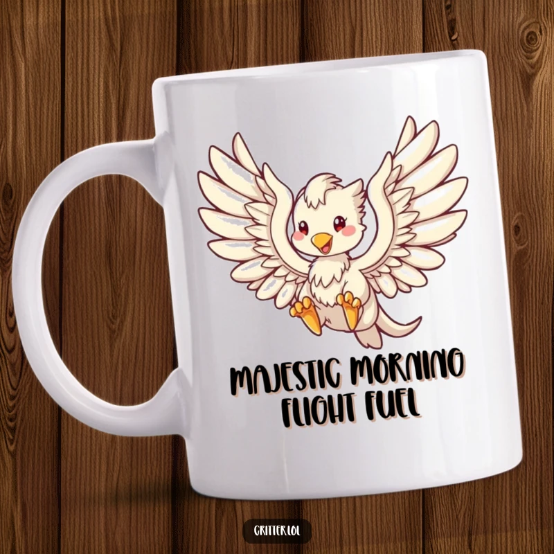 Funny mug depicting a majestic griffin with large outstretched wings, soaring gracefully through a clear blue sky.