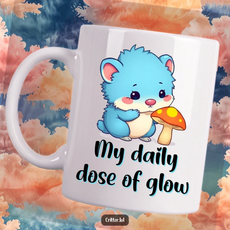 Funny blue furry critter with antennas sniffing a glowing mushroom, capturing a moment of cute curiosity, perfect for a funny gift mug.