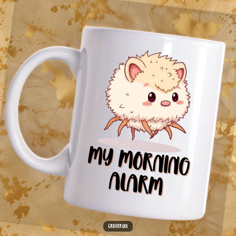 Funny mug with a fluffy, many-legged critter rapidly scurrying across, embodying frantic energy and a touch of humor.