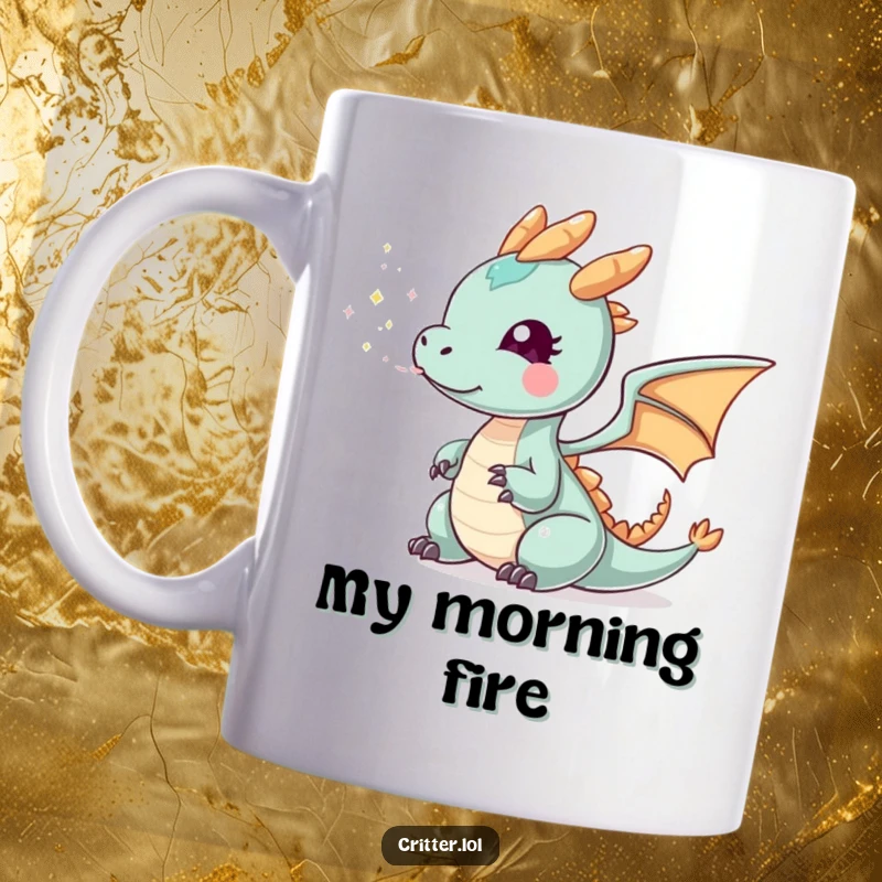 Funny tiny dragon mug exhaling a puff of sparkly smoke, embodying whimsical fantasy and a touch of magical humor.