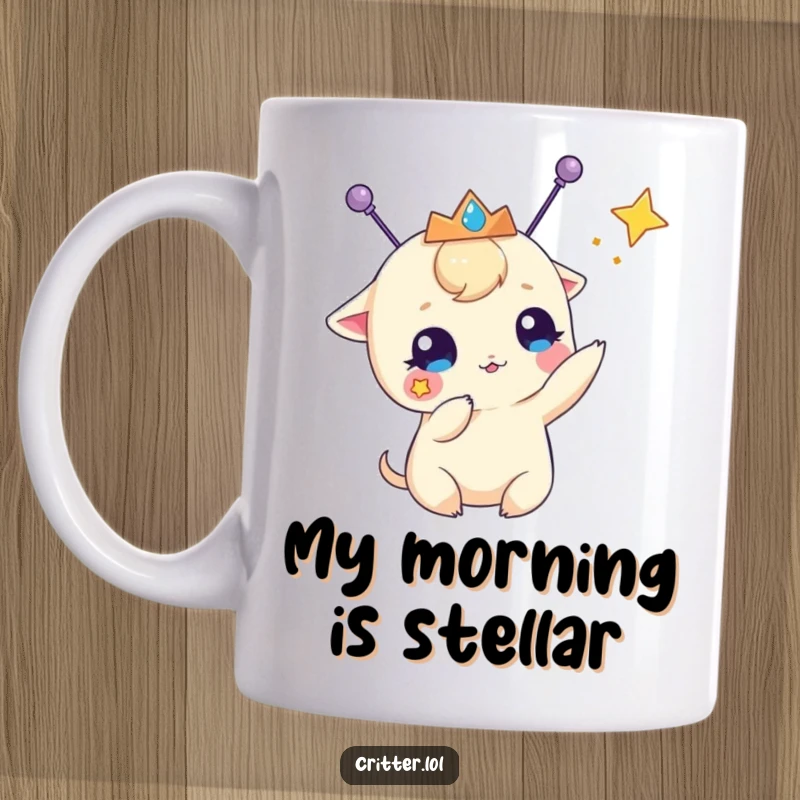 Funny mug showcasing a small creature with antennae wearing a tiara, playfully batting at a shining star, full of whimsical energy.