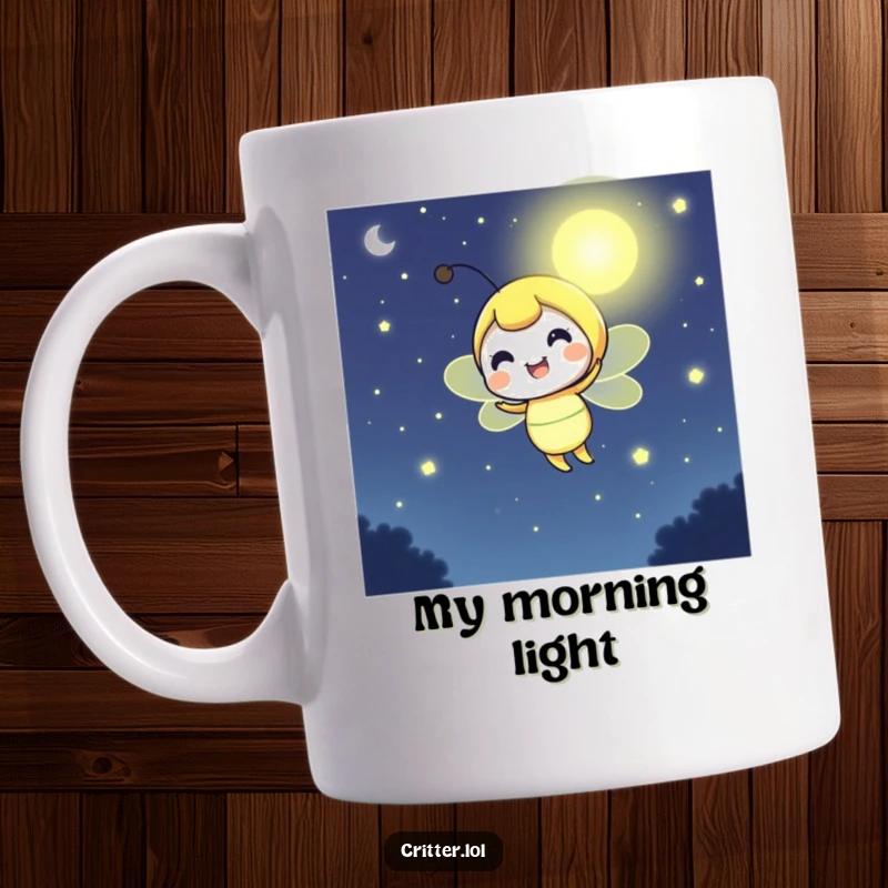 Funny cheerful firefly mug illuminating the dark night with a bright, warm glow, embodying happiness and light.