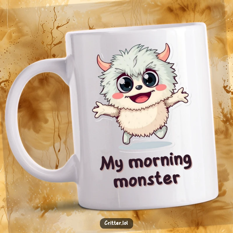 Funny fuzzy monster mug with googly eyes, depicted skipping joyfully, embodying playful energy and quirky charm.