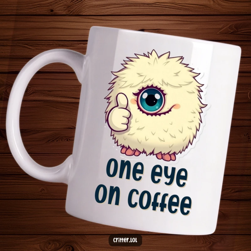 Funny mug with a tiny, fluffy, one-eyed monster giving a clear and cheerful thumbs up gesture.