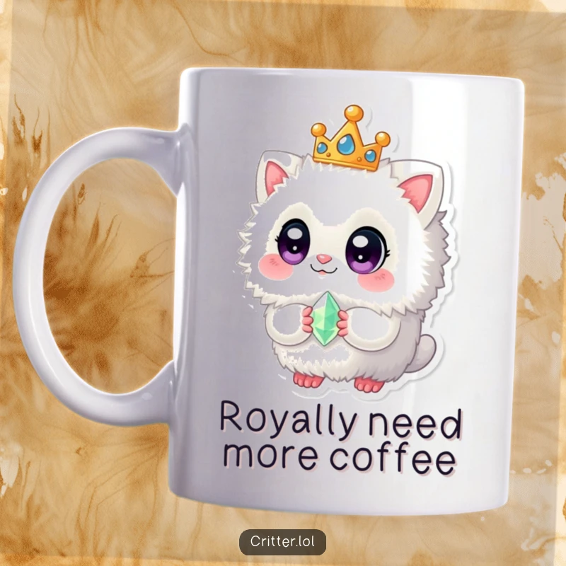 Funny mug featuring a cute, fuzzy creature with big eyes, wearing a crown and holding a sparkling tiny gem, looking regal.