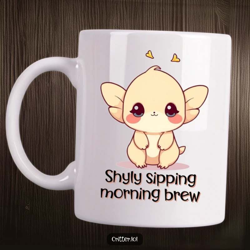 Funny mug displaying a shy creature with small wings gently fluttering upwards, conveying delicate charm.