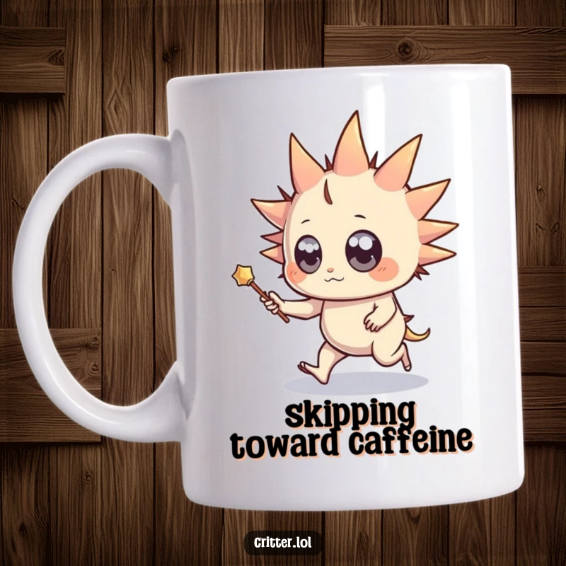 Funny mug showing a spiky creature with wide, amazed eyes, holding a tiny wand and happily skipping along.