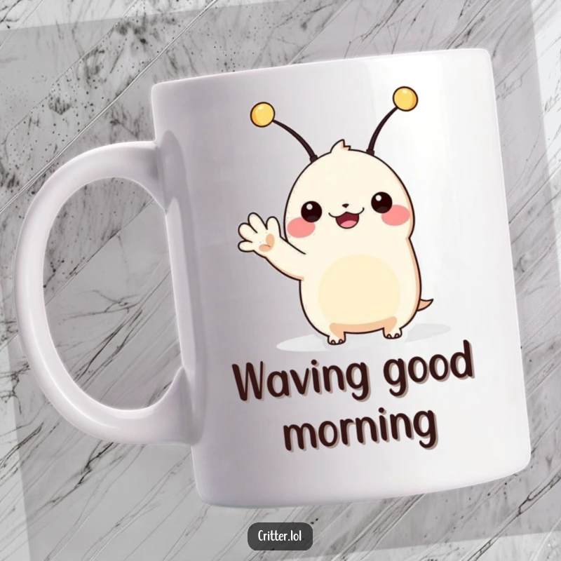 Funny alien mug featuring a cute creature with antennae happily waving hello, embodying friendly extraterrestrial greetings.