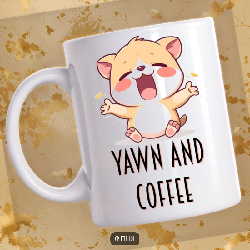 Funny mug featuring a sleepy critter yawning widely and stretching, capturing the universal feeling of morning grogginess.