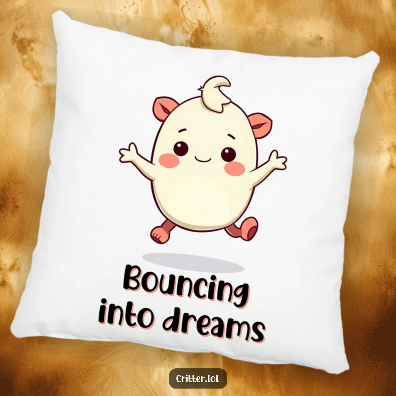 Funny decorative pillow featuring a bouncy creature with rubbery legs hopping with amusement, offering soft comfort.