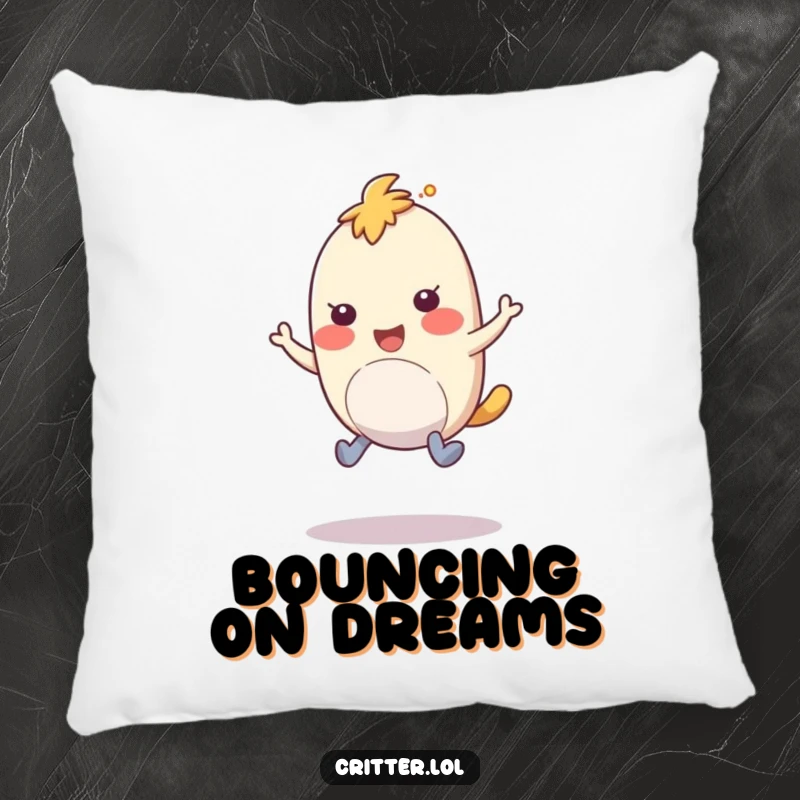Funny pillow featuring a bouncy creature with rubbery legs hopping with amusement, a soft and funny accent.