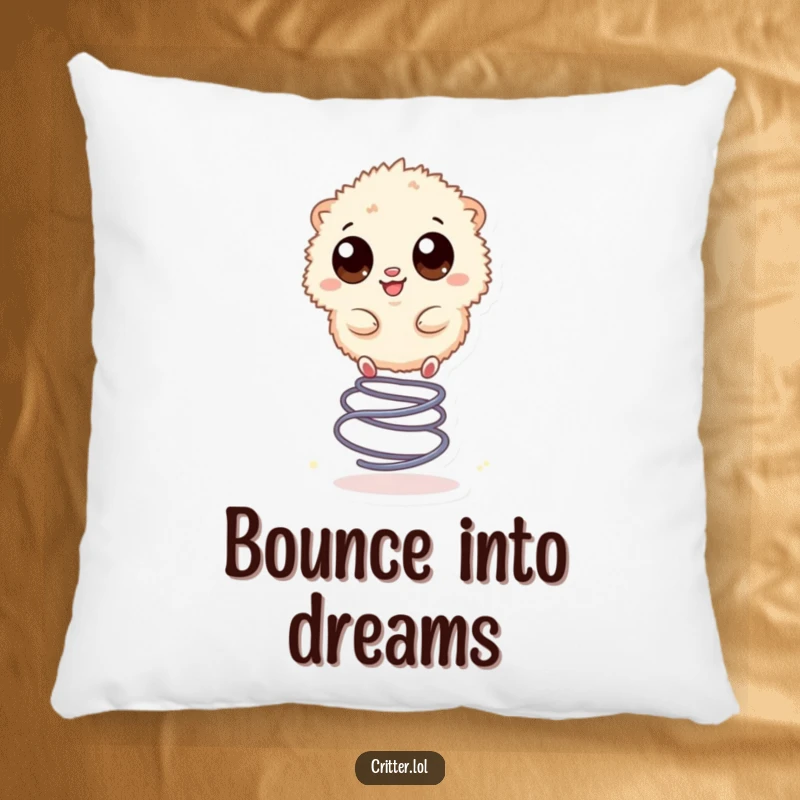 Funny pillow showcasing a small, fuzzy creature with large eyes, happily bouncing on a spring, radiating happiness.