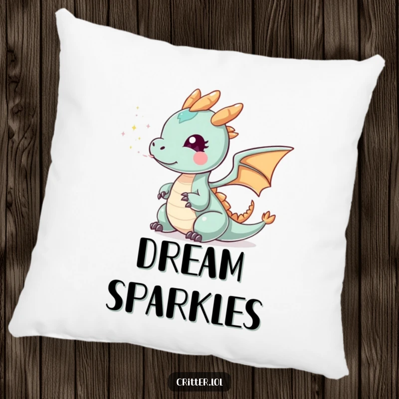 Funny tiny dragon smoke pillow featuring a small dragon exhaling sparkly smoke, bringing comfort and enchanting, mythical humor to any room.