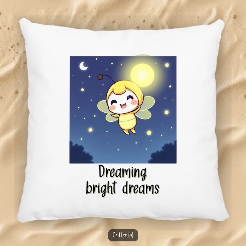 Funny firefly pillow featuring a cheerful character glowing brightly, offering comfort and a warm, inviting ambiance.
