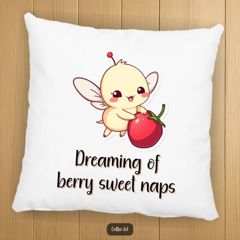 Funny pillow decorated with a whimsical critter happily fluttering around a berry, adding a touch of playful charm to decor.