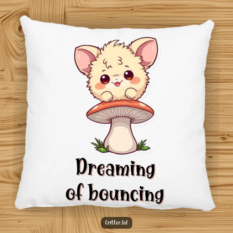 Funny pillow featuring a playful fuzzball with large ears happily bouncing on a mushroom, offering comfort and cheer.
