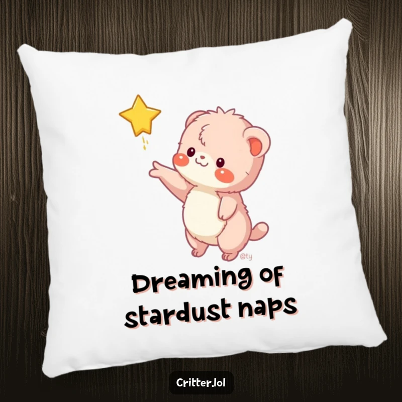 A funny pillow featuring a fuzzy creature stretching to catch a falling star, offering comfort and a playful, dream-chasing vibe.