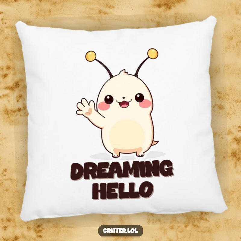 Funny alien pillow featuring a creature with antennae waving hello, offering comfort and friendly cosmic charm.